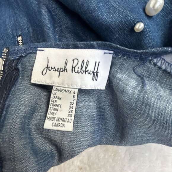Joseph Ribkoff Pearl Embellished Denim Shift Dress Size 4 Short Sleeve Mini Blue - Picture 3 of 7